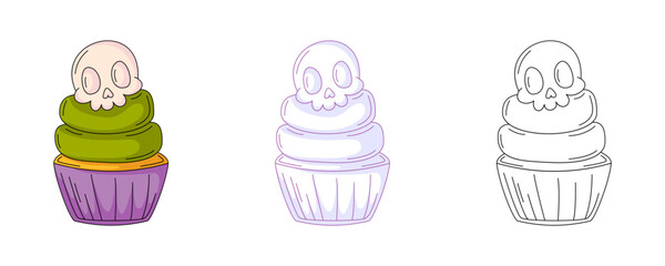 Poisonous cupcake with skull, colorful and line icons set. Spooky halloween dessert. Vector flat icon, monochrome purple, color, outline illustration. For logo, sticker, coloring book, label, print