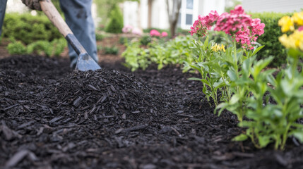 A gardener using a shovel to spread fresh dark mulch around blooming pink and yellow flowers in a well-maintained garden bed.
