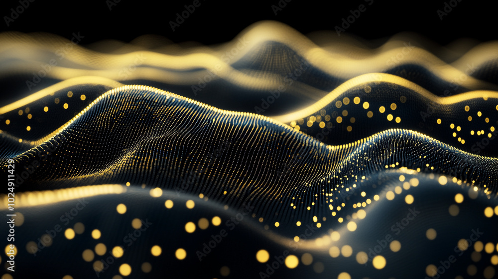 Poster golden particles in abstract waves create a stunning visual against a dark background