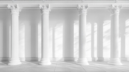 Elegant white columns casting shadows in a bright, minimalist interior space