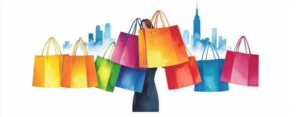 Naklejka premium Vibrant Shopper with Colorful Bags in Cityscape