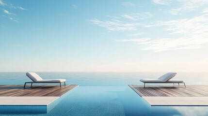 Fototapeta premium Pool with a wooden deck and sun loungers, peaceful atmosphere, no people, copy space available