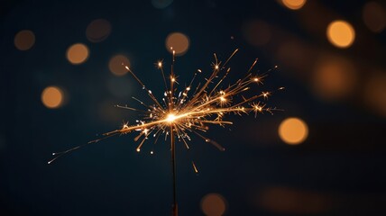 A single sparkler burns brightly against a background of blurred lights.