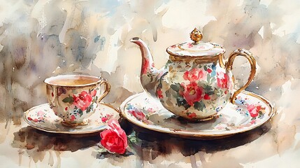 Fototapeta premium Watercolor Painting of Vintage Tea Set with Floral Pattern