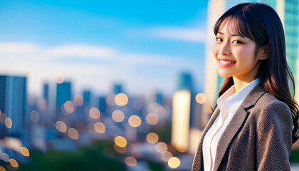 A side profile of an Asian businesswoman smiling under the dazzling lights of the city.