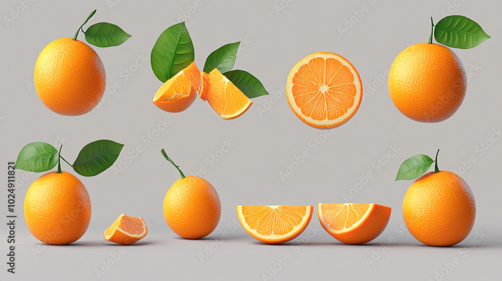 Poster fresh oranges arranged creatively with slices and leaves displayed on a neutral background