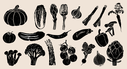 Different vegetables linocut vector illustration with grunge texture. Monochrome linear woodcut illustration. Harvest, autumn isolated graphic elements. Vector set