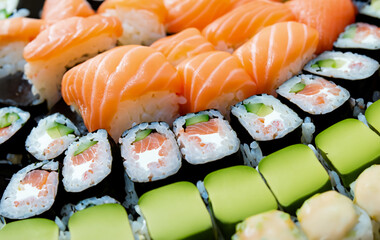 Sushi roll composition with salmon, rice and avocado generative AI