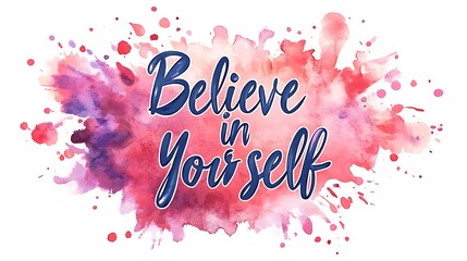 Typography vector art featuring the quote "Believe in Yourself", elegant script font, layered on top of an abstract watercolor splash background in pastel pink and purple hues, light and airy feel,
