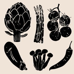 Different vegetables linocut vector illustration with grunge texture. Monochrome linear woodcut illustration. Harvest, autumn isolated graphic elements. Vector set