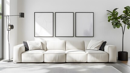 Fototapeta premium Sleek and Serene: Modern White Minimalist Interior Living Room Design