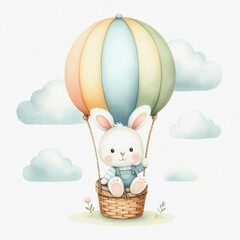 Watercolor illustration of cute bunny in a hot air balloon with cloud. Cute bunny character. Nursery concept. Greeting card.