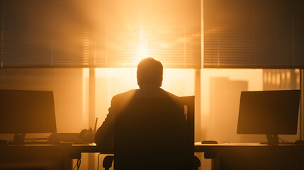 Fototapeta premium Person Working in an Office During Evening Time with Low Light | Focused Productivity in a Cozy Workspace