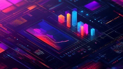 Obraz premium Abstract 3D Bar Chart with Digital Data Interface and Neon Colors