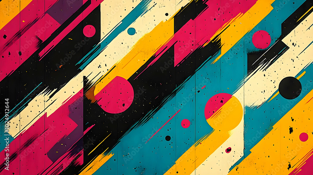 Poster abstract colorful geometric design with dynamic shapes and lines.