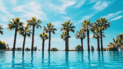 Fototapeta premium Serene outdoor pool surrounded by palm trees, with clear blue water and no people, copy space