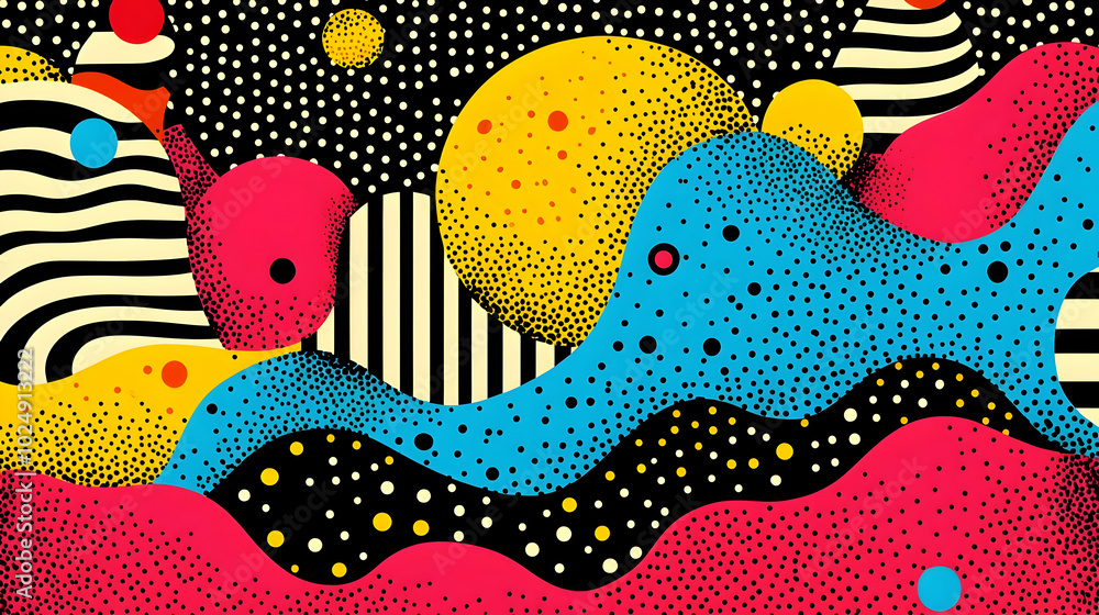 Poster abstract colorful pattern with shapes and textures in vibrant hues.
