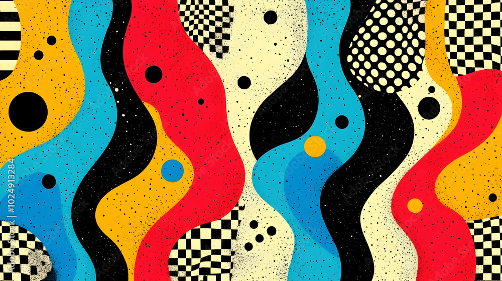 Poster abstract design featuring vibrant waves and geometric patterns.
