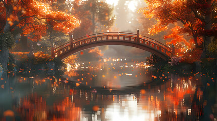 Autumn Bridge Landscape - Digital Illustration