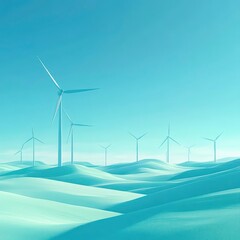 Wind turbines spinning on a vast open field under a clear blue sky, ecofriendly energy source, minimalist, 3D illustration, soft green and blue hues
