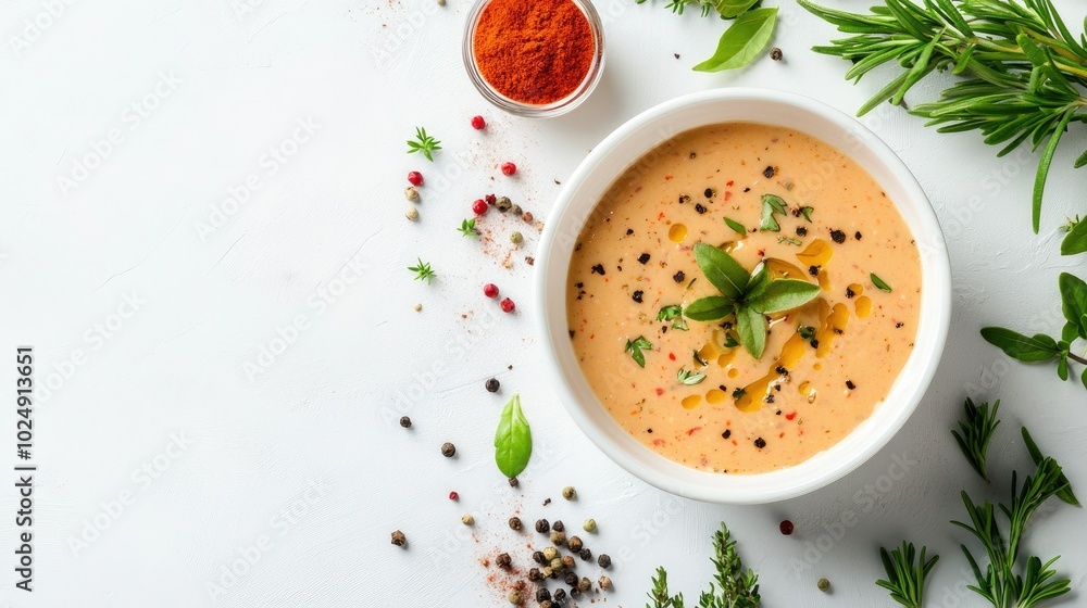 Poster top view of a bowl of dipping sauce with herbs and spices surrounding it, arranged on a clean surfac