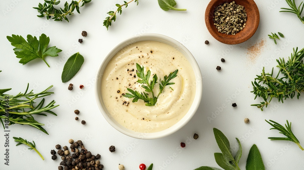 Poster top view of a bowl of dipping sauce with herbs and spices surrounding it, arranged on a clean surfac