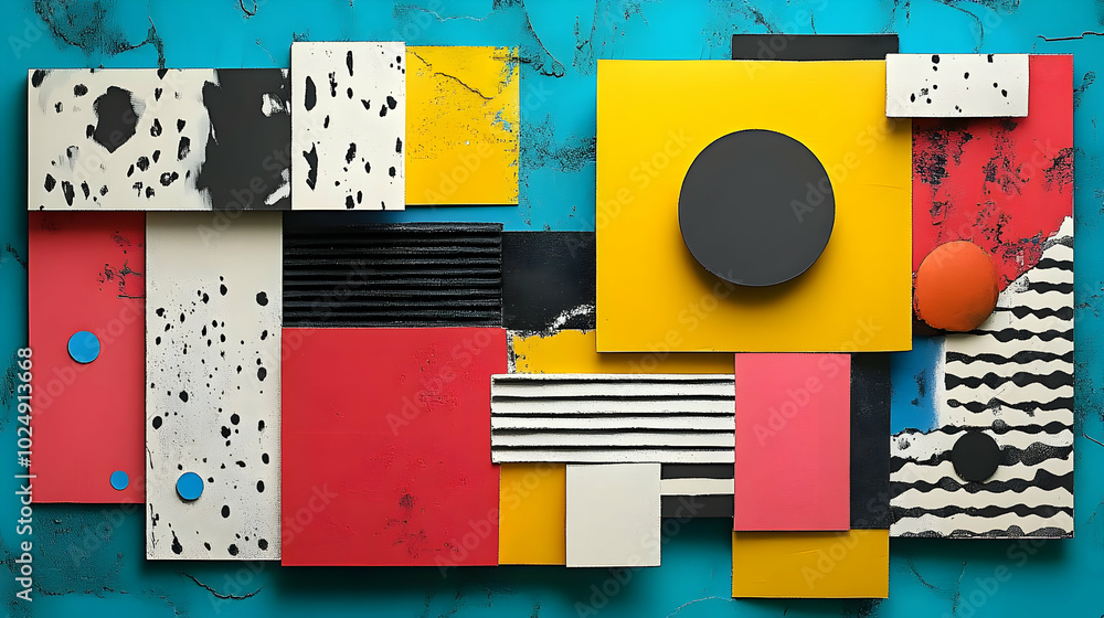 Poster abstract composition of colorful geometric shapes and patterns.