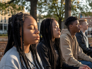 Fototapeta premium Un grupo diverso de jóvenes meditando al aire libre 