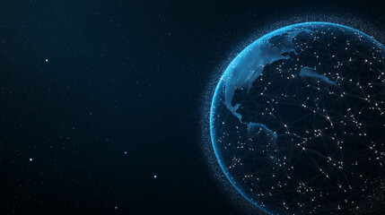 Obraz premium Abstract digital blue planet Earth with glowing connections and global network concept on a dark background, a technology wallpaper. Big data world map.
