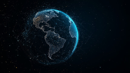 Abstract digital blue planet Earth with glowing connections and global network concept on a dark background, a technology wallpaper. Big data world map.