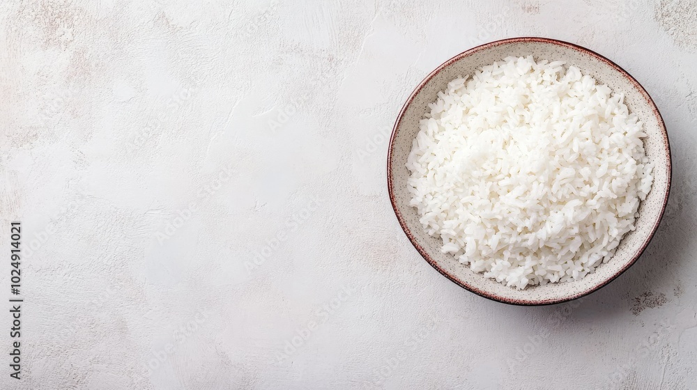Poster top view of a bowl of steamed white rice on a clean surface with ample copy space around for text or