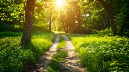 Obraz premium Tranquil Pathway: A Narrow Road Embraced by Lush Greenery and Trees