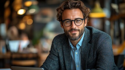 Fototapeta premium A young man in a blazer and glasses smiles confidently at the camera in a cafe setting.