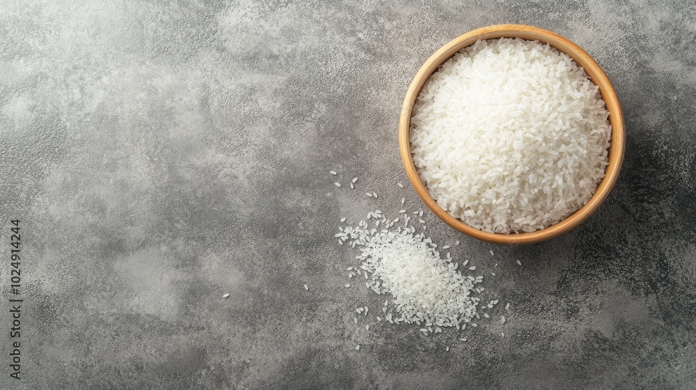 Poster top view of a bowl of steamed white rice on a clean surface with ample copy space around for text or
