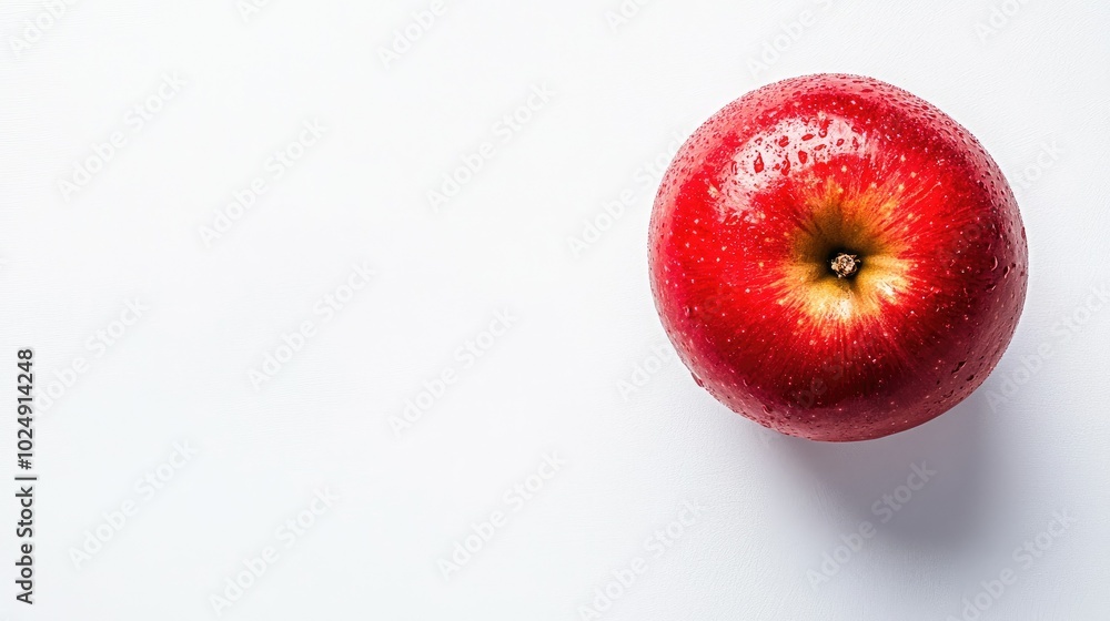 Poster top view of a fresh red apple placed on a clean white background, with ample copy space for text or 