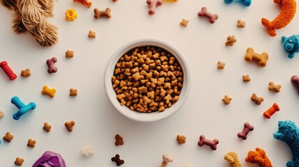 Top view of a dog bowl filled with food surrounded by various toys, placed on a clean white background with copy space