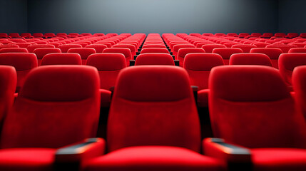 Obraz premium A row of empty red cinema seats in a darkened theater.