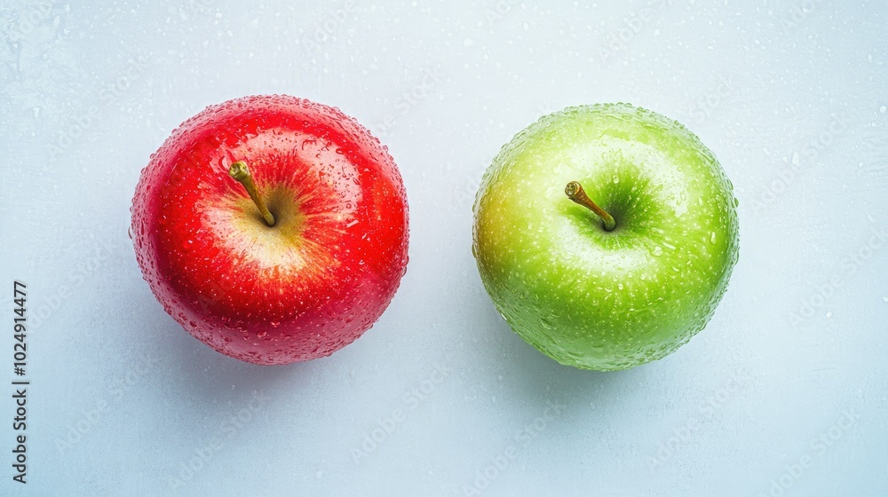 Poster top view of a red and green apple side by side on a minimal background, with space for copy or brand