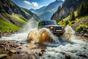 Off road vehicle driving through mountain stream at tilted angle
