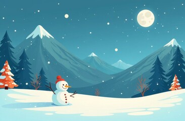 Fototapeta premium Snowman standing in the forest in winter on the snow, the background of mountains, snowfall, night, full moon