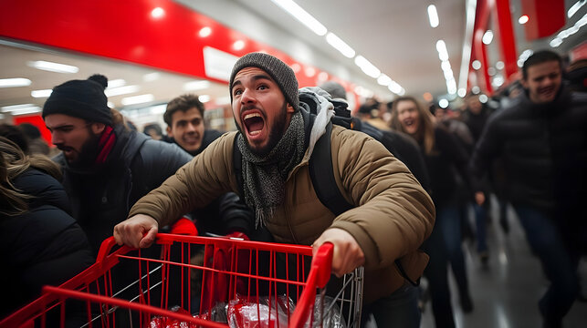 Excited crowd shopping with carts during a busy sale event.