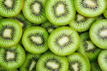 Sliced kiwi fruit pieces arranged closely together showing vibrant green interiors
