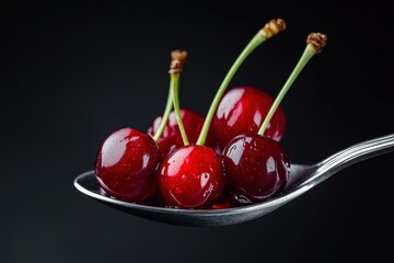 Fresh red cherries on a silver spoon against a dark background