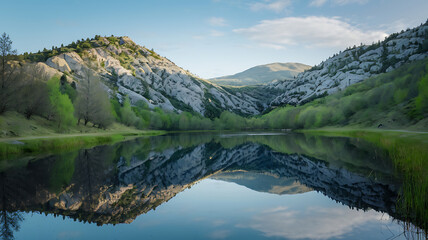 Tranquil mountain lake reflecting gray rock and green trees in a serene landscape. 
