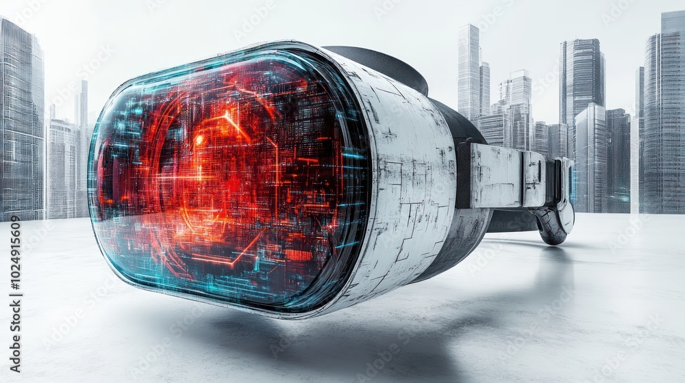 Poster futuristic device with a glowing interface in a cityscape.