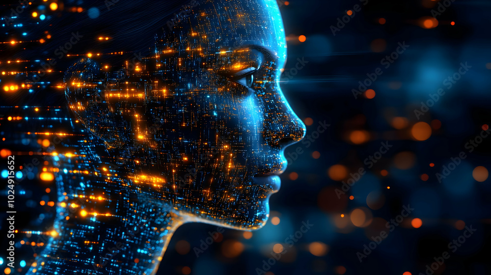 Poster a digital representation of a human face with glowing data elements.