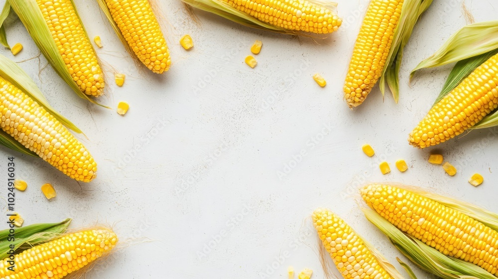 Poster top view of corn cobs neatly arranged on a light, clean background with ample space for text or desi