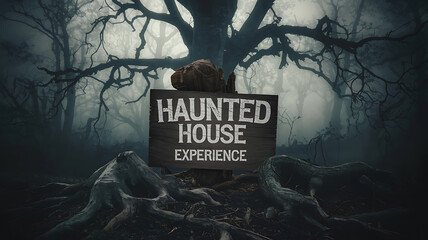 A haunted house experience, ominous forest setting.
