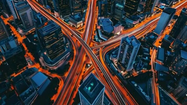 Ariel view of city with glowing road 