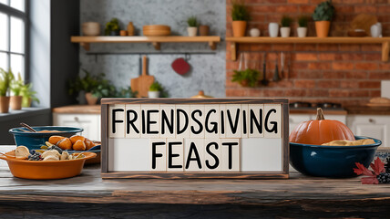 Orange and Blue Food on a Wooden Table with a Sign that Reads Friendsgiving Feast. 
Thanksgiving Celebration with Friends. 
